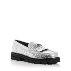 Promo 😀 KURT GEIGER LONDON 👩 Women's Carnaby Croc Embossed Chunky Loafers Silver ❤️