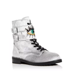 New 😍 KURT GEIGER LONDON 👩 Women's Sutton Eye Embellished Combat 🥾 Boots Silver ❤️