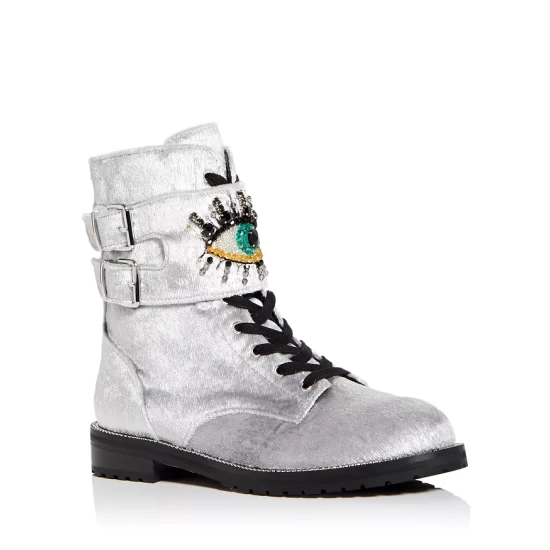 New 😍 KURT GEIGER LONDON 👩 Women's Sutton Eye Embellished Combat 🥾 Boots Silver ❤️ 3 New 😍 KURT GEIGER LONDON 👩 Women's Sutton Eye Embellished Combat 🥾 Boots Silver ❤️