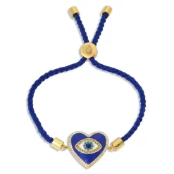 Wholesale ⌛ KURT GEIGER LONDON Evil Eye Heart Charm Friendship Braided Slider Bracelet In Gold Tone Blue/gold 🎉